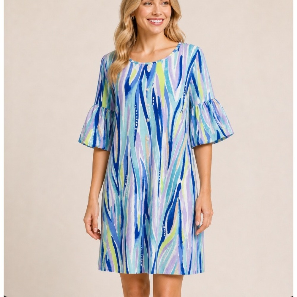 Lilly Pulitzer Lindell Dress Shore Perfection Medium Blue Abstract Bell Sleeve